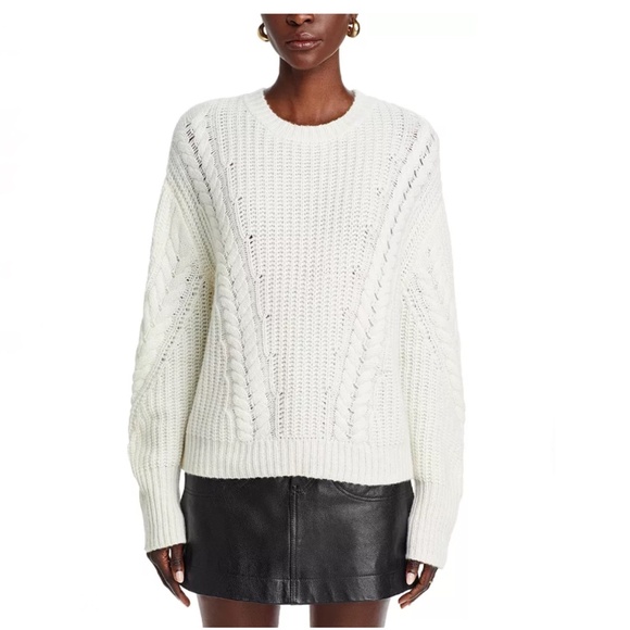 Luxurious 100% Cashmere Crewneck Cable Knit Sweater By Aqua in White Cream - Picture 7 of 7